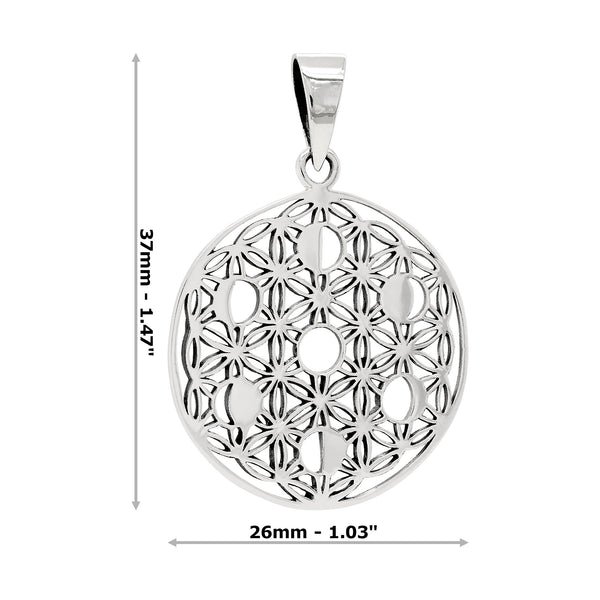 Silver pendant with intricate design and measurements on a white background