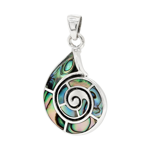 Pendant with a spiral design featuring multicolored shell inlay on a white background