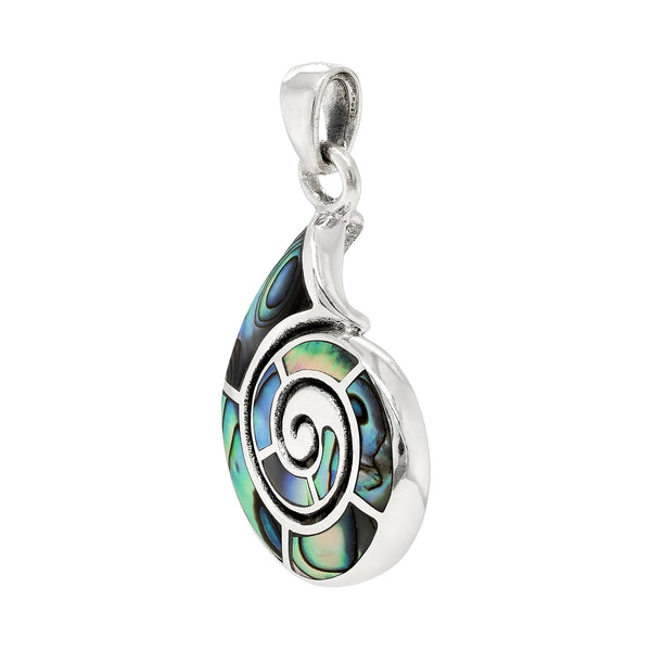Silver pendant with abalone shell design on a white background