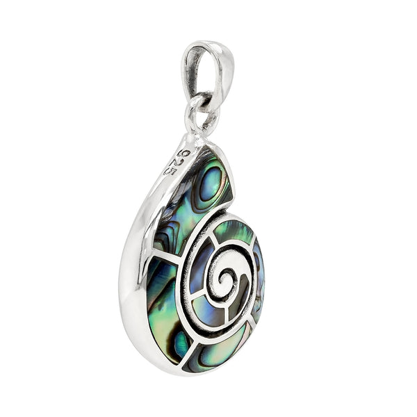 Silver pendant with a green and black spiral design on a white background