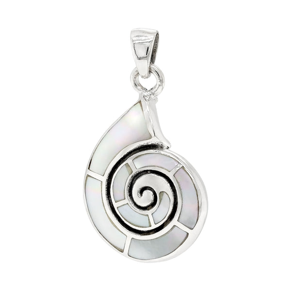 Silver pendant with a spiral design on a white background