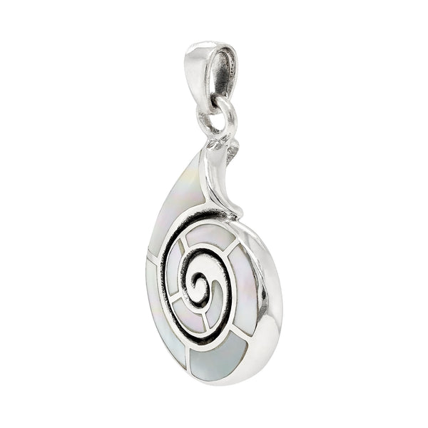 Silver pendant with a spiral design on a white background