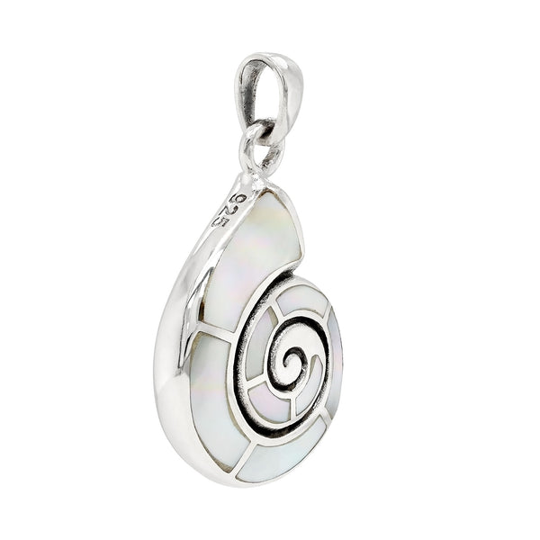 Silver pendant with a spiral design on a white background