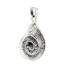 Silver pendant with a detailed design on a white background