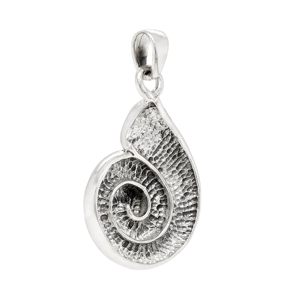 Silver pendant with a detailed design on a white background