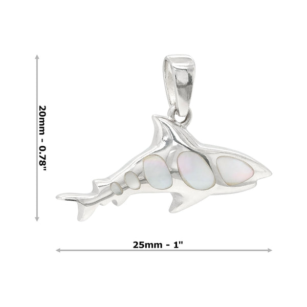 Silver pendant with mother-of-pearl inlay, shown with measurements on a white background