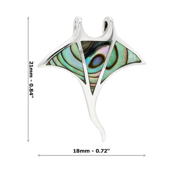 Pendant with abalone shell inset and measurements on a white background