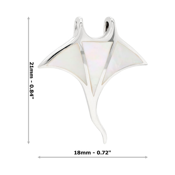 Silver pendant shaped like a stingray with dimensions indicated on a white background