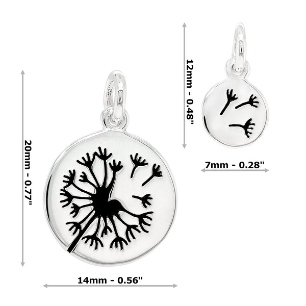 Dandelion Two Piece Solid Sterling Silver 925 Pendants and measurements on a white background