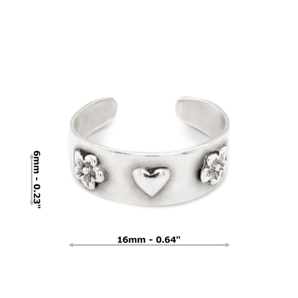 Heart Flowers Flat Band Sterling Silver 925 Toe Ring