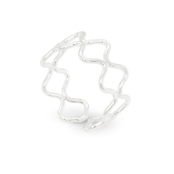 Silver sound wave toe ring on a white background