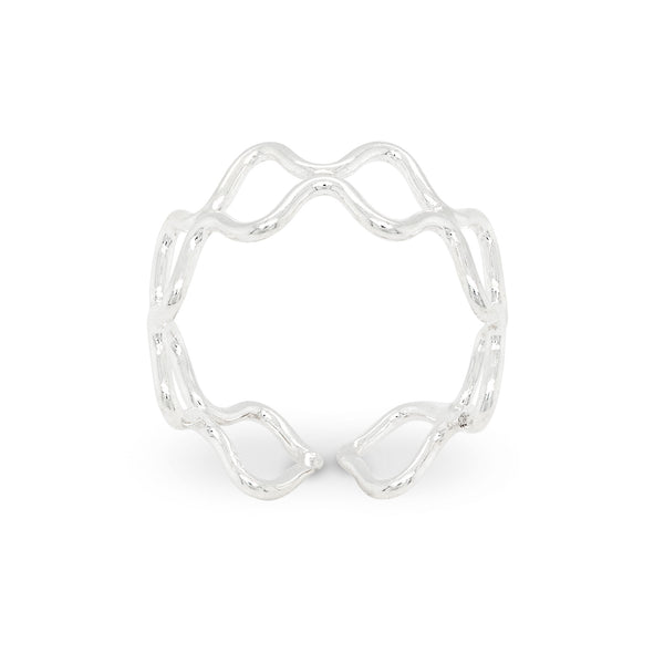 Silver toe ring with wavy design on a white background
