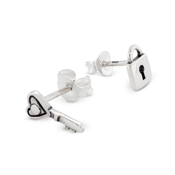 925 sterling silver lock heart key stud earrings